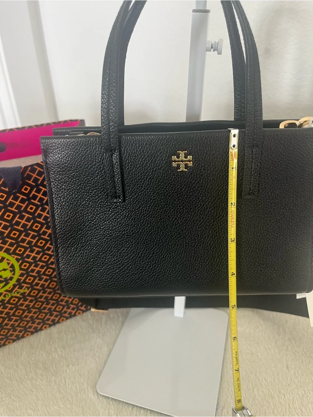 Tory Burch Black Pebbled Leather Mini Satchel with Gold Logo include paper bag